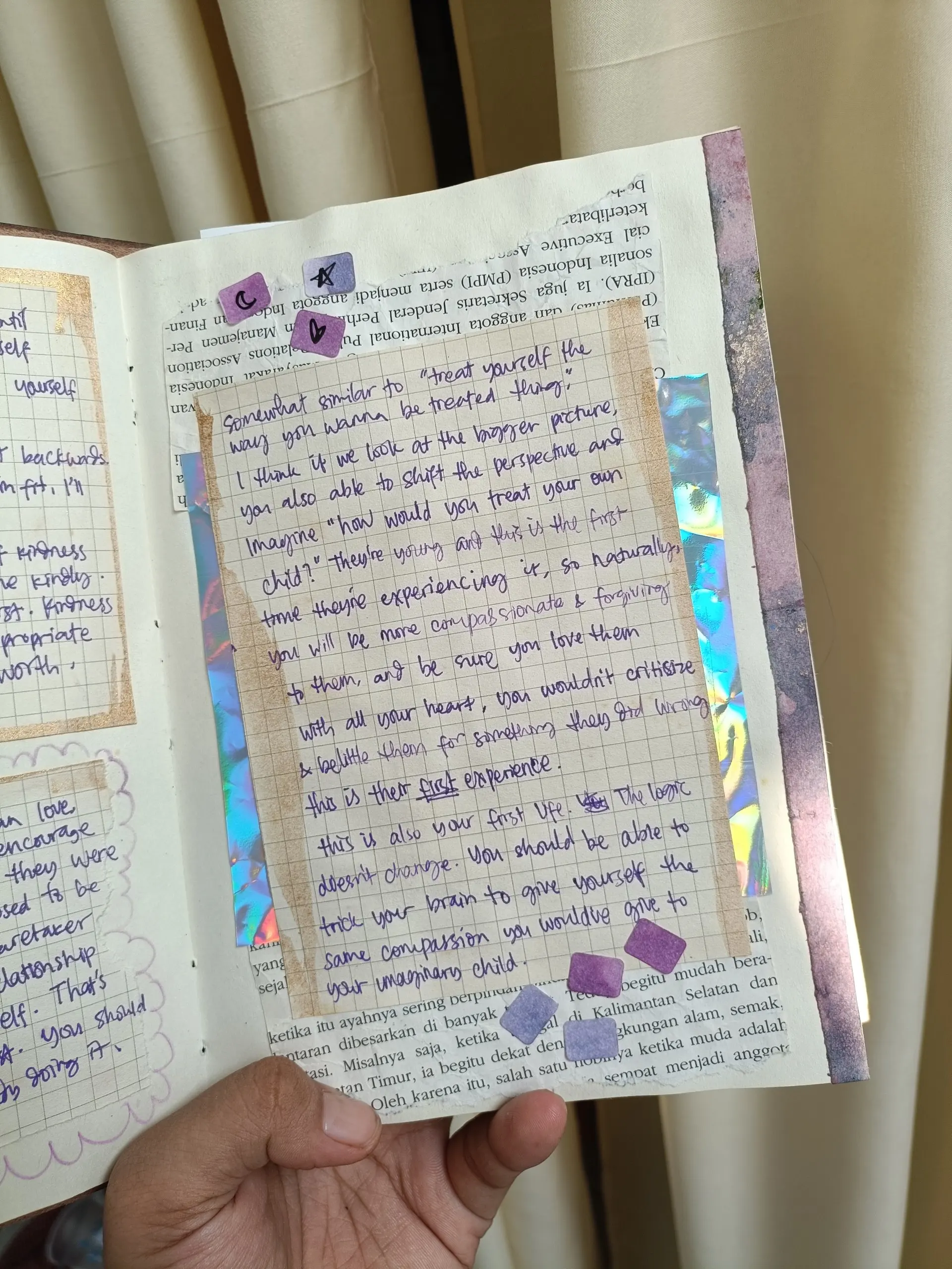 journal spread about imaginary child & how to trick your brain to love yourself